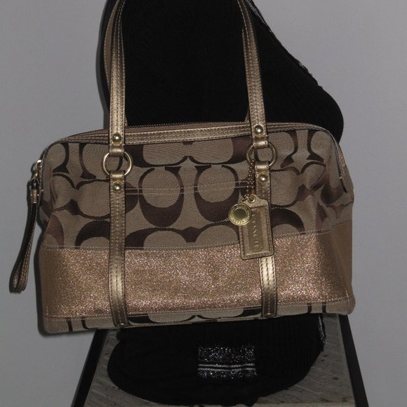 STUNNING VINTAGE PRISTINE METALLIC COACH KHAKI SIGNATURE GOLD  SATCHEL HANDBAG - Picture 12 of 13